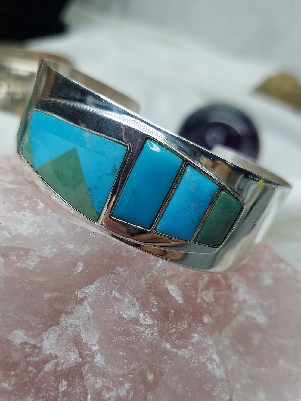 Jay King Desert Rose Trading Sterling Silver Turquoise and Green Inlay Cuff